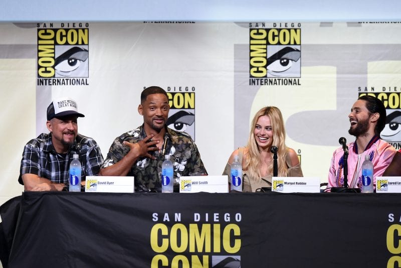 SAN DIEGO, CA - JULY 23: (L-R) Director David Ayer, actors Will Smith, Margot Robbie and Jared Leto attend the Warner Bros. 'Suicide Squad' Presentation during Comic-Con International 2016 at San Diego Convention Center on July 23, 2016 in San Diego, California. (Photo by Kevin Winter/Getty Images)