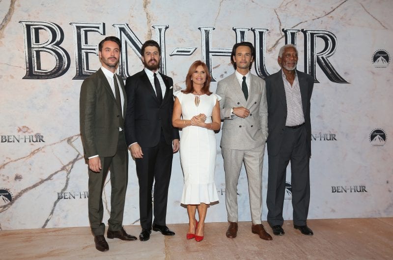 MEXICO CITY, MEXICO - AUGUST 09:  (L-R) Jack Huston, Toby Kebbell, Roma Downey, Rodrigo Santoro and Morgan Freeman attends the Mexico Premiere of the Paramount Pictures "Ben-Hur" at Metropolitan Theater on August 9, 2016 in Mexico City, Mexico.  (Photo by Victor Chavez/Victor Chavez/Getty Images for Paramount Pictures) *** Local Caption *** Jack Huston;Toby Kebbell;Roma Downey;Rodrigo Santoro;Morgan Freeman