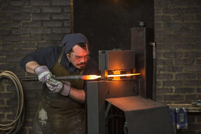 NEW YORK, NY - MAY 3: Forged by Fire filming at Brooklyn Fire Proof Stages in Williamsburg, New York, New York on May 3, 2015. Forged In Fire is an original stand-alone competition show featuring world-class bladesmiths competing against each other to create some of the most iconic edged weapons from history. (photo by David S. Holloway)