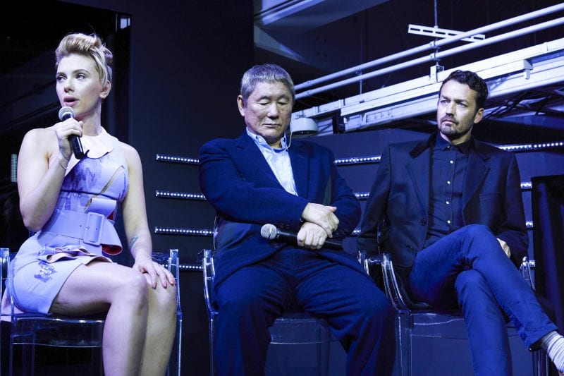 Scarlett Johansson, Takeshi Kitano, and Rupert Sanders getting interviewed during the Ghost in the Shell Fan Event at Tabloid in Tokyo, Japan November 13, 2016