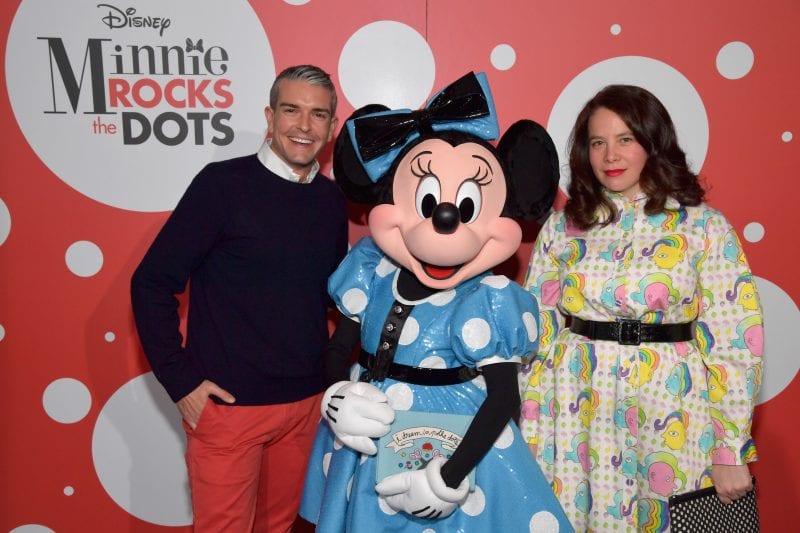 WEST HOLLYWOOD, CA - JANUARY 17: Fine art photographer Gray Malin and fashion designer Olympia Le-Tan pose with global style icon Minnie Mouse at the Andaz Hotel in West Hollywood. Minnie debuted a custom Olympia Le-Tan dress and Malin created a photo series with Minnie Mouse as his muse. (Photo by Lester Cohen/Getty Images for Disney Consumer Products and Interactive Media)
