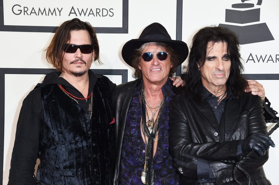 LOS ANGELES, CA - FEBRUARY 15: (L-R) Actor-musician Johnny Depp, musician Joe Perry, and singer Alice Cooper of the Hollywood Vampires attend The 58th GRAMMY Awards at Staples Center on February 15, 2016 in Los Angeles, California. (Photo by Jason Merritt/Getty Images for NARAS)
